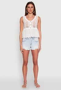 Womens Crochet Eyelet Half Button Tank Top, White, Size S