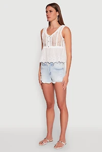 Womens Crochet Eyelet Half Button Tank Top, White, Size S
