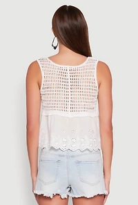Womens Crochet Eyelet Half Button Tank Top, White, Size S