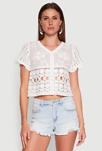 Womens Floral Crochet Button Front Top, White, Size L
