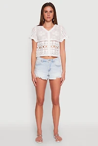 Womens Floral Crochet Button Front Top, White, Size L