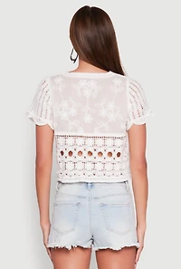 Womens Floral Crochet Button Front Top, White, Size M