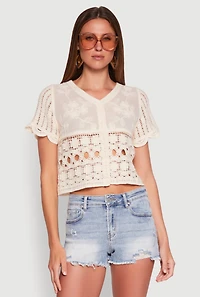 Womens Floral Crochet Button Front Top,