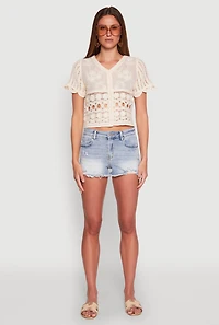 Womens Floral Crochet Button Front Top,