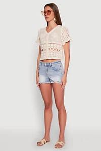 Womens Floral Crochet Button Front Top,
