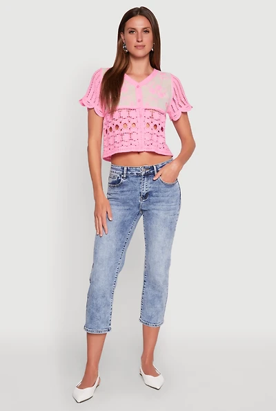 Womens Floral Crochet Button Front Top,