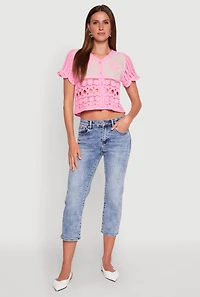 Womens Floral Crochet Button Front Top, Pink, Size M
