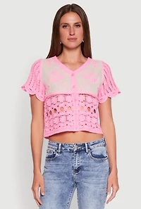 Womens Floral Crochet Button Front Top, Pink, Size M