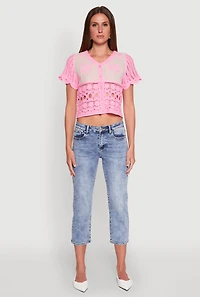 Womens Floral Crochet Button Front Top, Pink, Size M