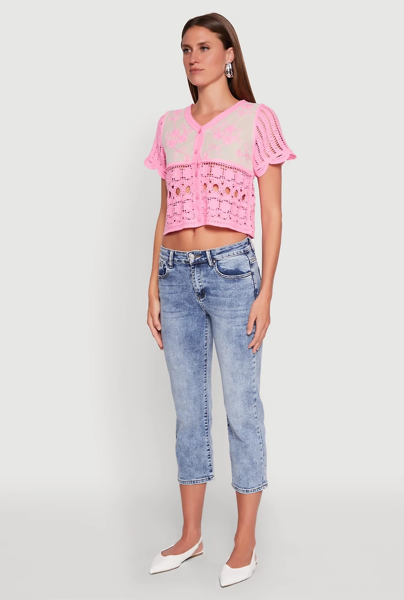 Womens Floral Crochet Button Front Top, Pink, Size M