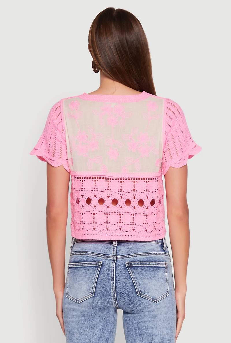 Womens Floral Crochet Button Front Top, Pink, Size M