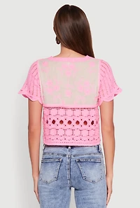 Womens Floral Crochet Button Front Top, Pink, Size S