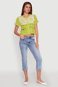 Womens Floral Crochet Button Front Top, Green, Size M