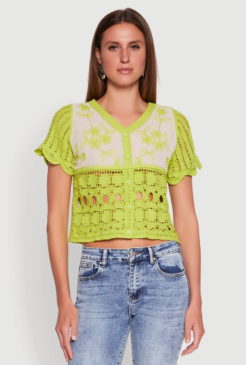 Womens Floral Crochet Button Front Top, Green, Size M
