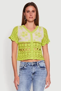 Womens Floral Crochet Button Front Top, Green, Size M