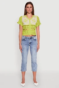 Womens Floral Crochet Button Front Top, Green, Size M