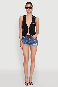 Womens Crochet Floral Tie Front Vest, Black, Size S