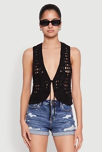 Womens Crochet Floral Tie Front Vest, Black, Size S