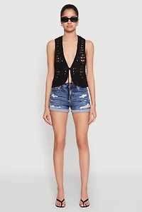 Womens Crochet Floral Tie Front Vest, Black, Size S