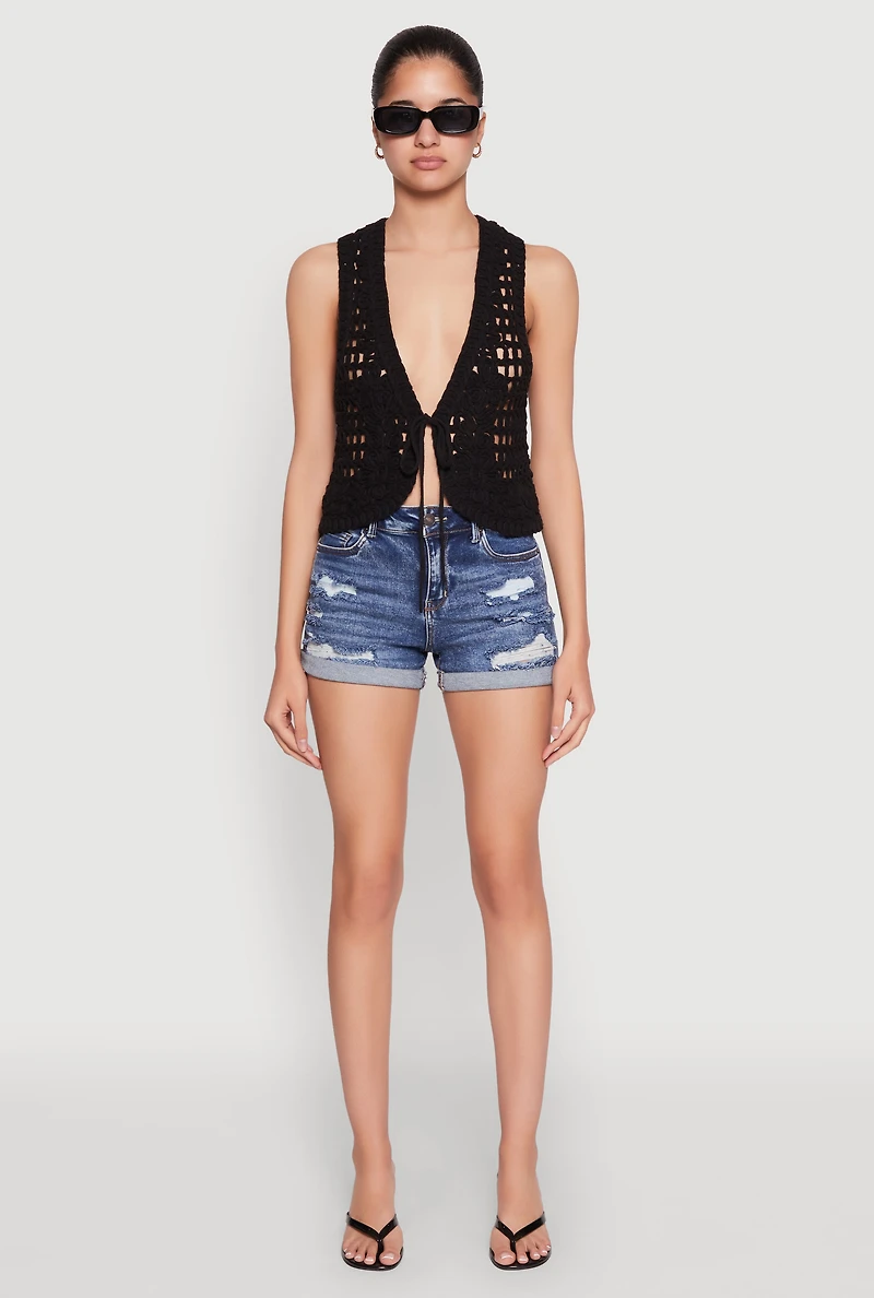 Womens Crochet Floral Tie Front Vest, Black, Size S