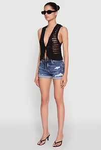 Womens Crochet Floral Tie Front Vest, Black, Size S