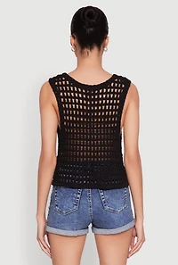 Womens Crochet Floral Tie Front Vest, Black, Size S
