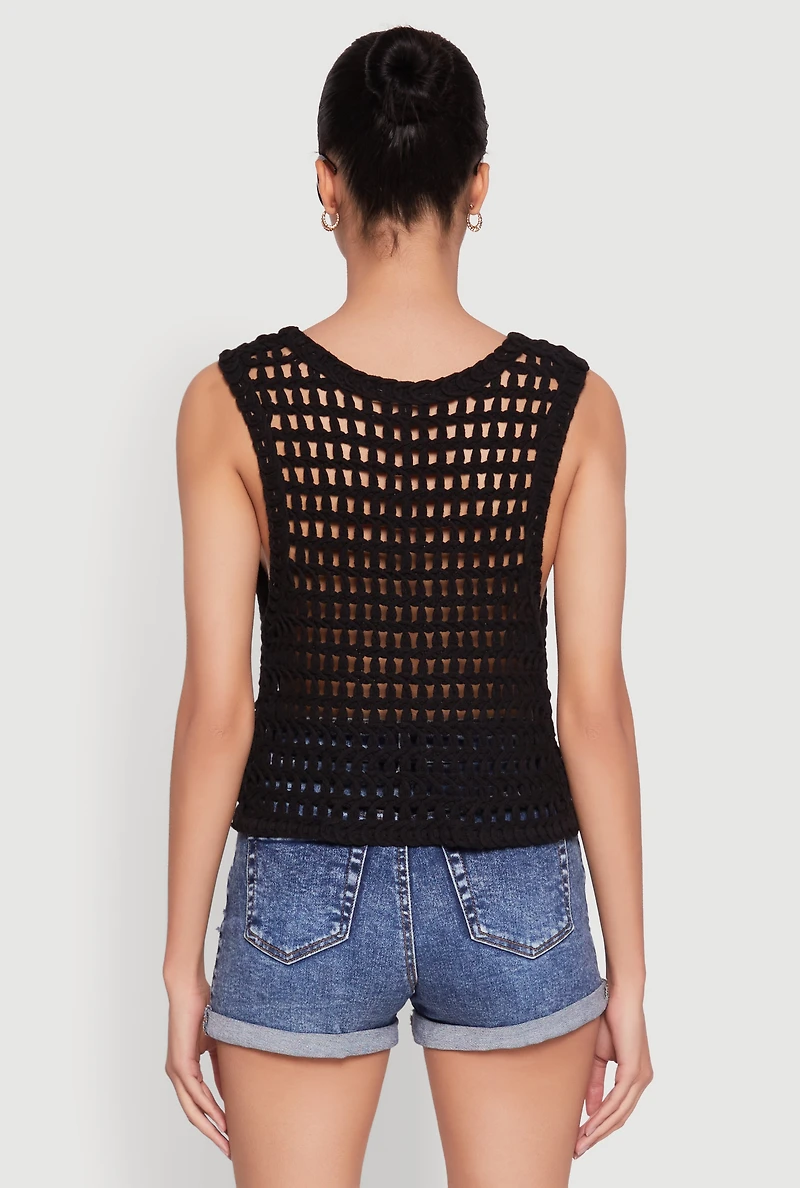 Womens Crochet Floral Tie Front Vest, Black, Size S