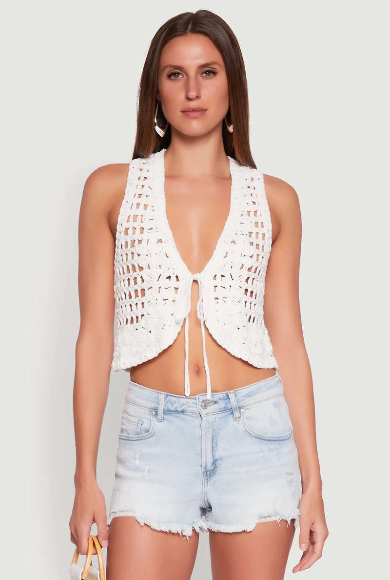 Womens Crochet Floral Tie Front Vest, White, Size S