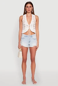 Womens Crochet Floral Tie Front Vest, White, Size S