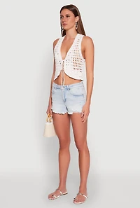 Womens Crochet Floral Tie Front Vest, White, Size S