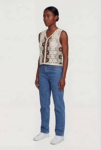 Floral Crochet Button Front Vest