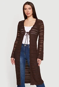 Tie Front Pointelle Long Cardigan