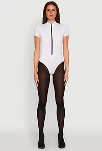 Womens Zip Front Mock Neck Bodysuit, White, Size M