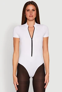 Womens Zip Front Mock Neck Bodysuit, White, Size M