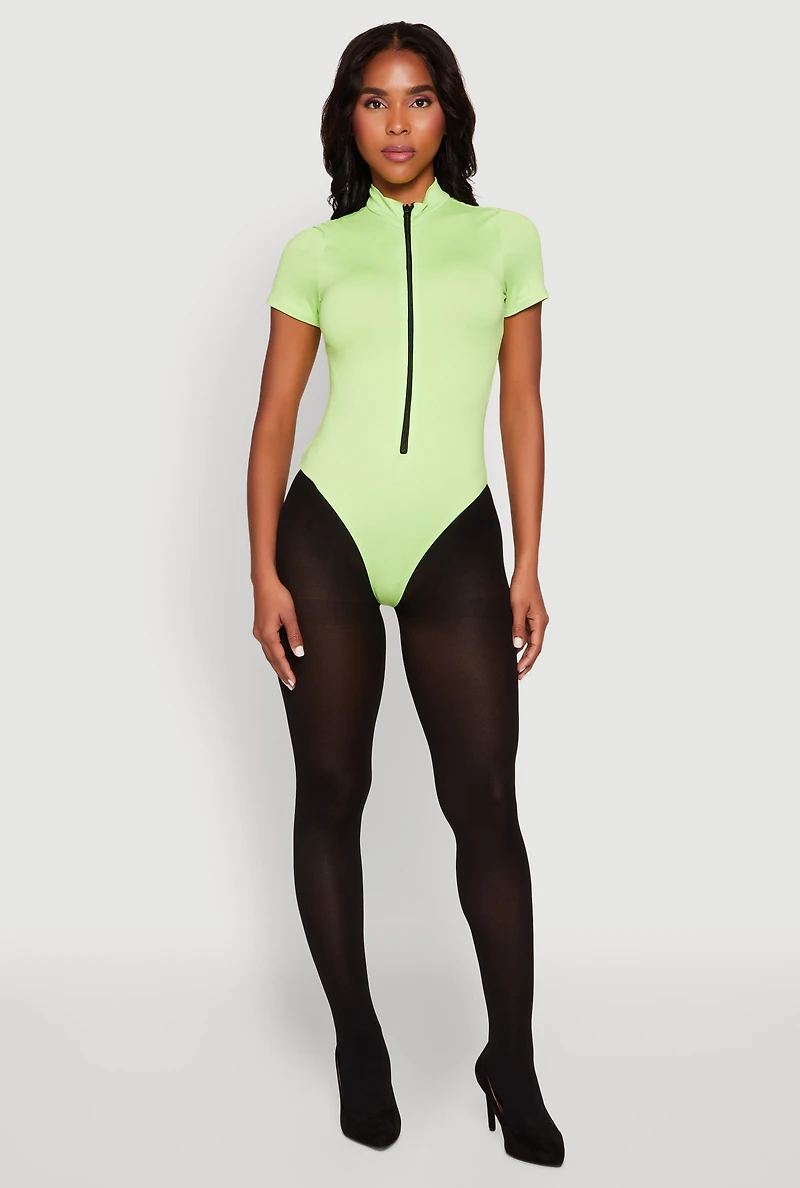 Womens Zip Front Mock Neck Bodysuit,
