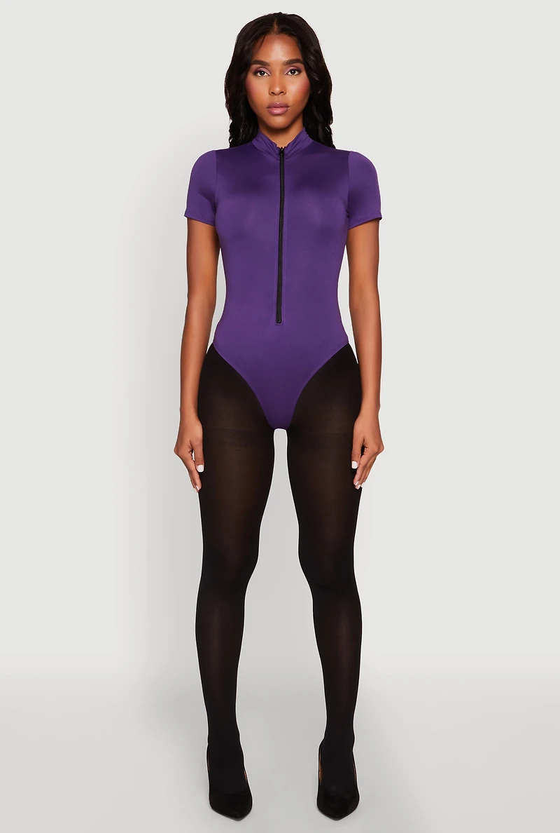 Womens Zip Front Mock Neck Bodysuit, Purple, Size L