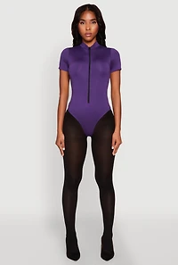Womens Zip Front Mock Neck Bodysuit, Purple, Size L