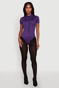 Womens Zip Front Mock Neck Bodysuit, Purple, Size L