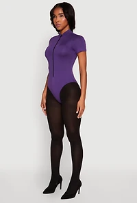 Womens Zip Front Mock Neck Bodysuit, Purple, Size L