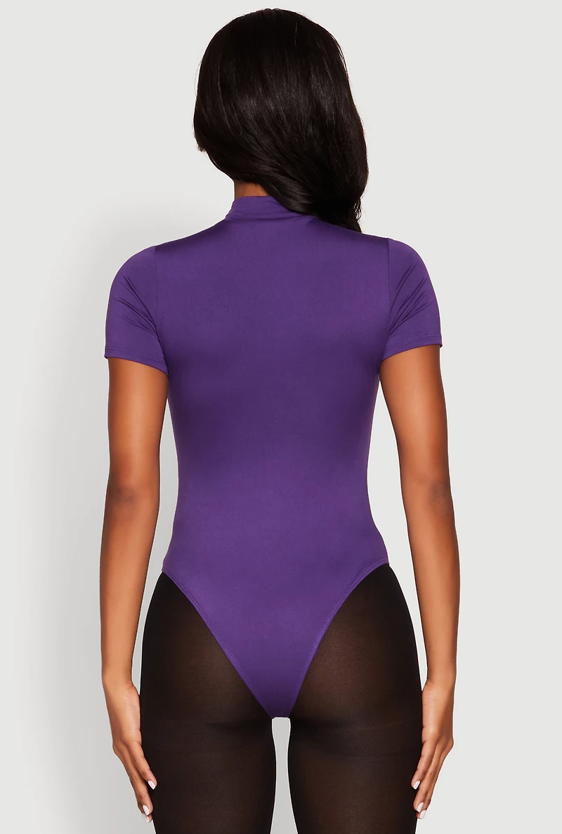 Womens Zip Front Mock Neck Bodysuit, Purple, Size L