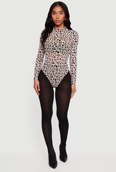 Womens Animal Print Velvet Burnout Mesh Bodysuit,