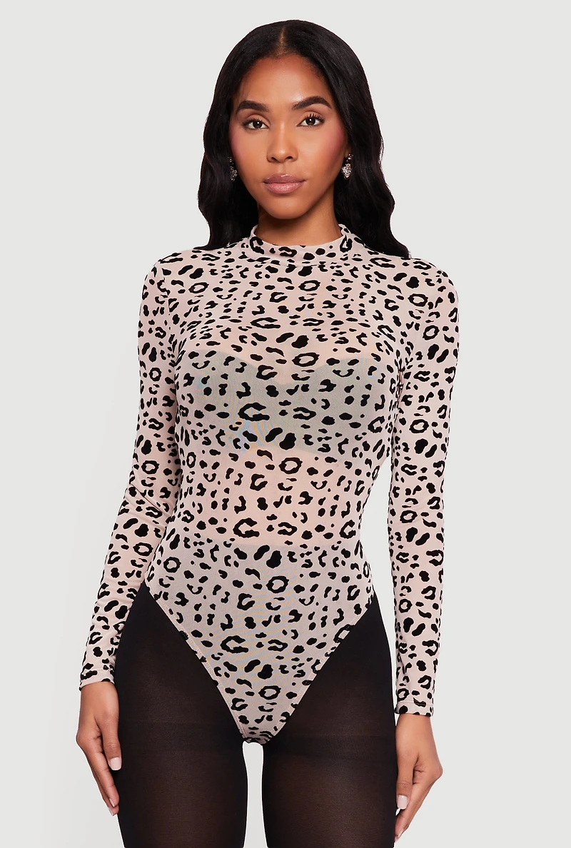 Womens Animal Print Velvet Burnout Mesh Bodysuit, Beige,