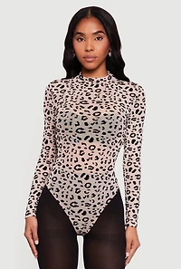 Womens Animal Print Velvet Burnout Mesh Bodysuit, Beige,