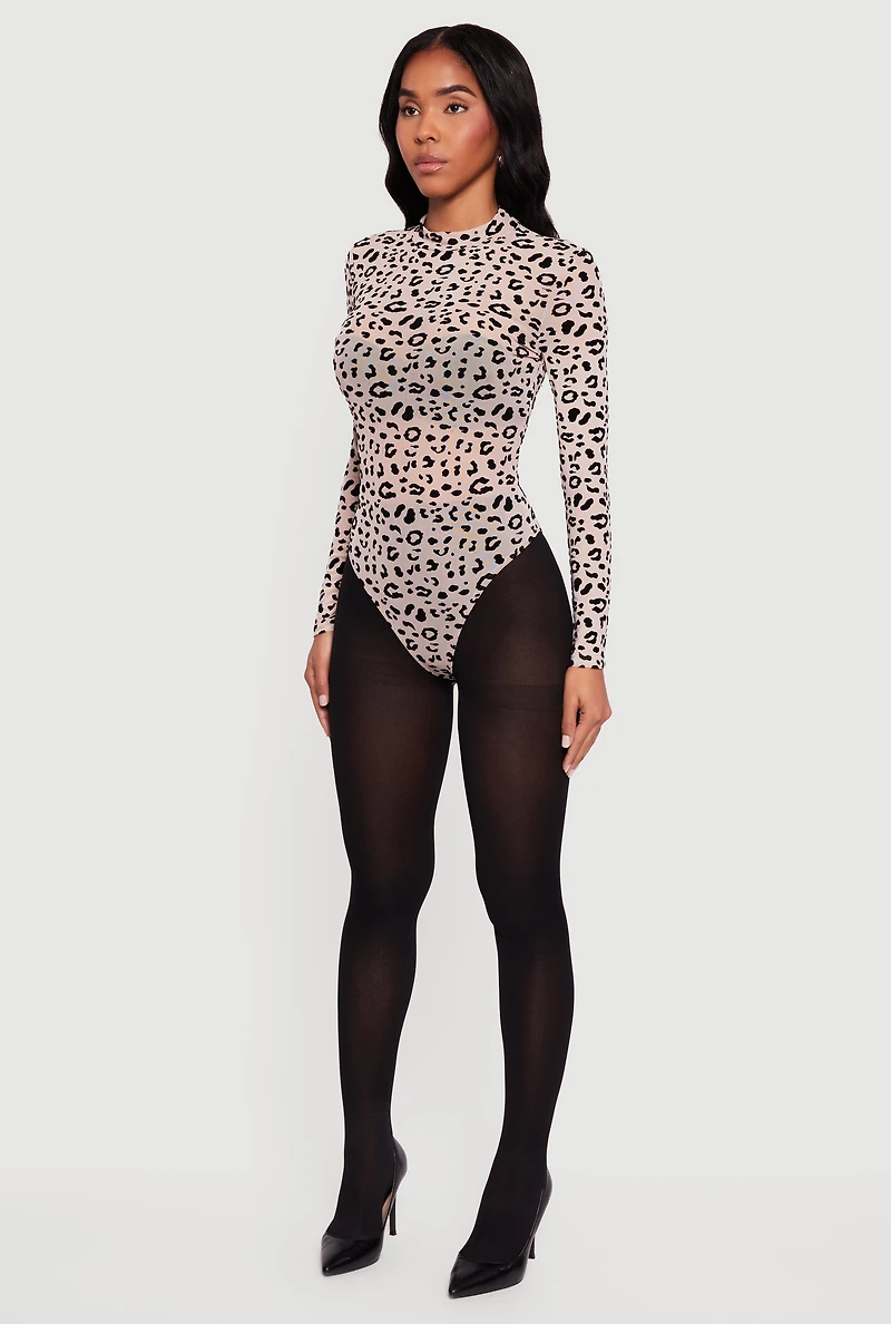 Womens Animal Print Velvet Burnout Mesh Bodysuit, Beige,