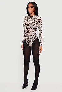 Womens Animal Print Velvet Burnout Mesh Bodysuit, Beige,
