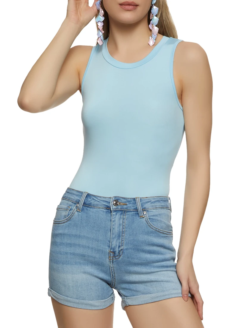 Womens Basic Crew Neck Tank Bodysuit, Blue, Size S