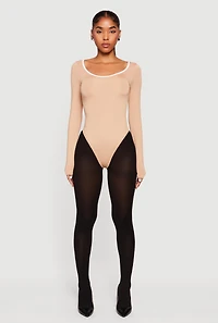 Womens Contrast Trim Long Sleeve Scoop Neck Bodysuit,