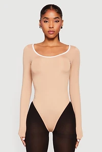 Womens Contrast Trim Long Sleeve Scoop Neck Bodysuit,