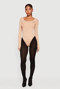 Womens Contrast Trim Long Sleeve Scoop Neck Bodysuit,