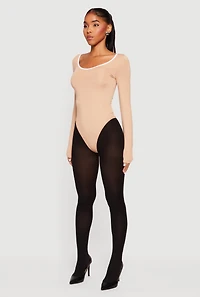 Womens Contrast Trim Long Sleeve Scoop Neck Bodysuit,